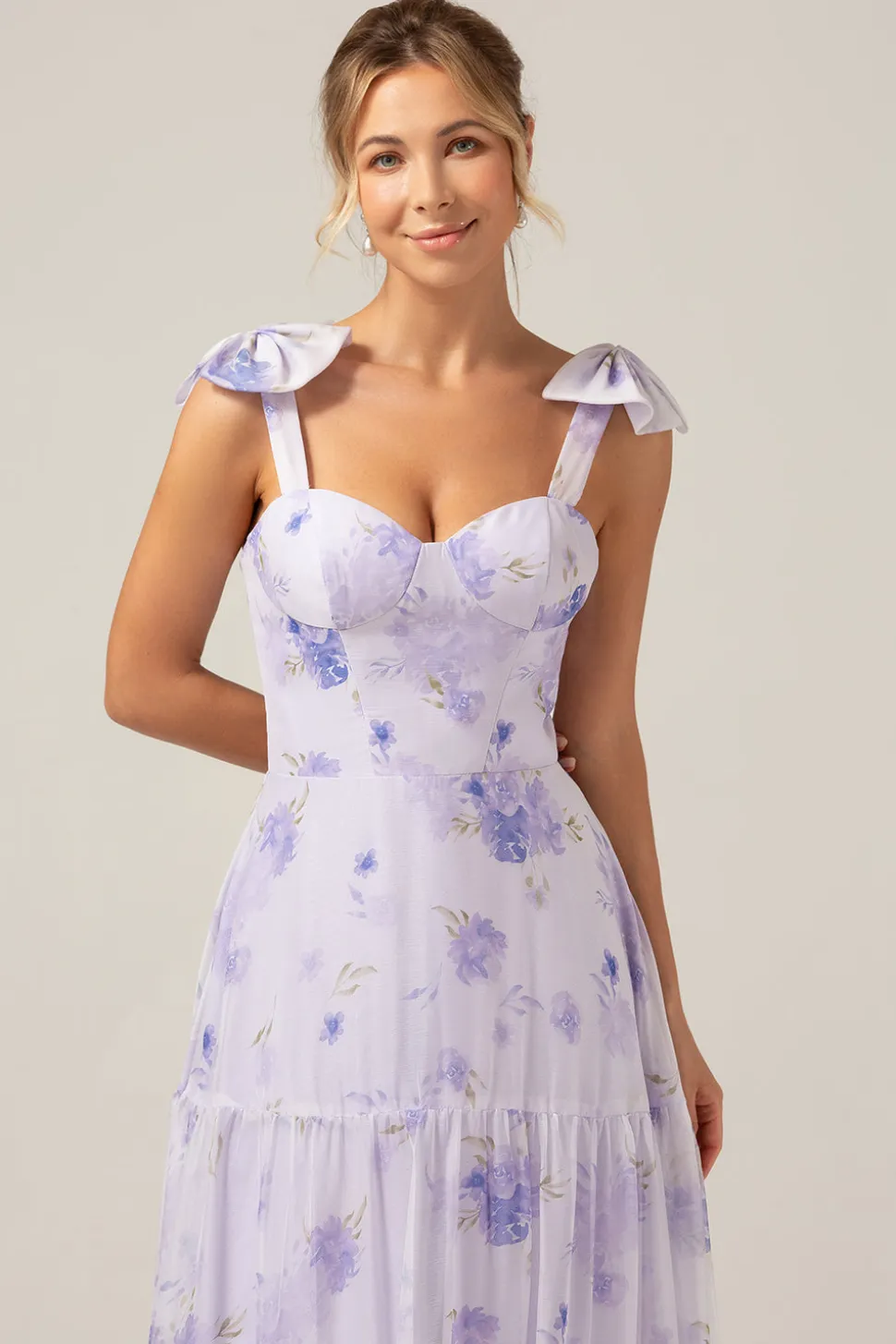 Espartilho Lilás Estampa Floral A-Line Vestido Longo Madrinha