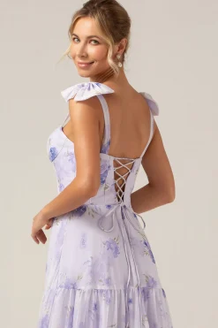 Espartilho Lilás Estampa Floral A-Line Vestido Longo Madrinha
