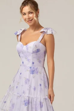 Espartilho Lilás Estampa Floral A-Line Vestido Longo Madrinha