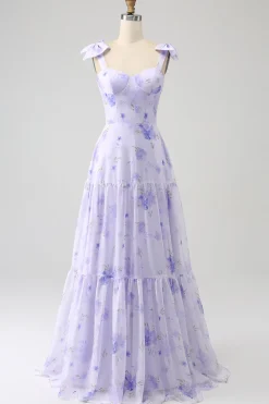 Espartilho Lilás Floral A-Line Long Prom Dress