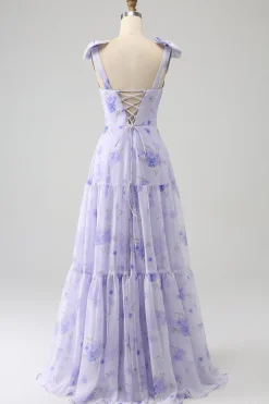 Espartilho Lilás Floral A-Line Long Prom Dress