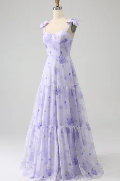 Espartilho Lilás Floral A-Line Long Prom Dress