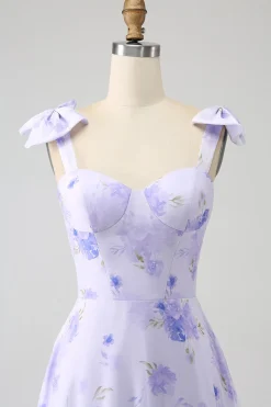 Espartilho Lilás Floral A-Line Long Prom Dress