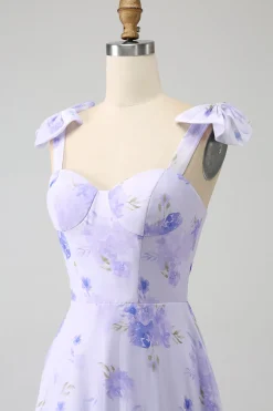 Espartilho Lilás Floral A-Line Long Prom Dress