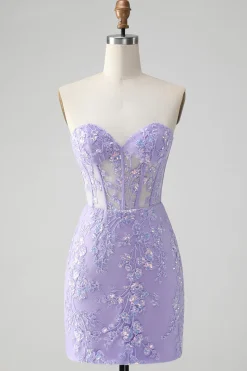 Espartilho Lilás Sequins Querida Bordado Curto Vestido Homecoming com Renda Costas