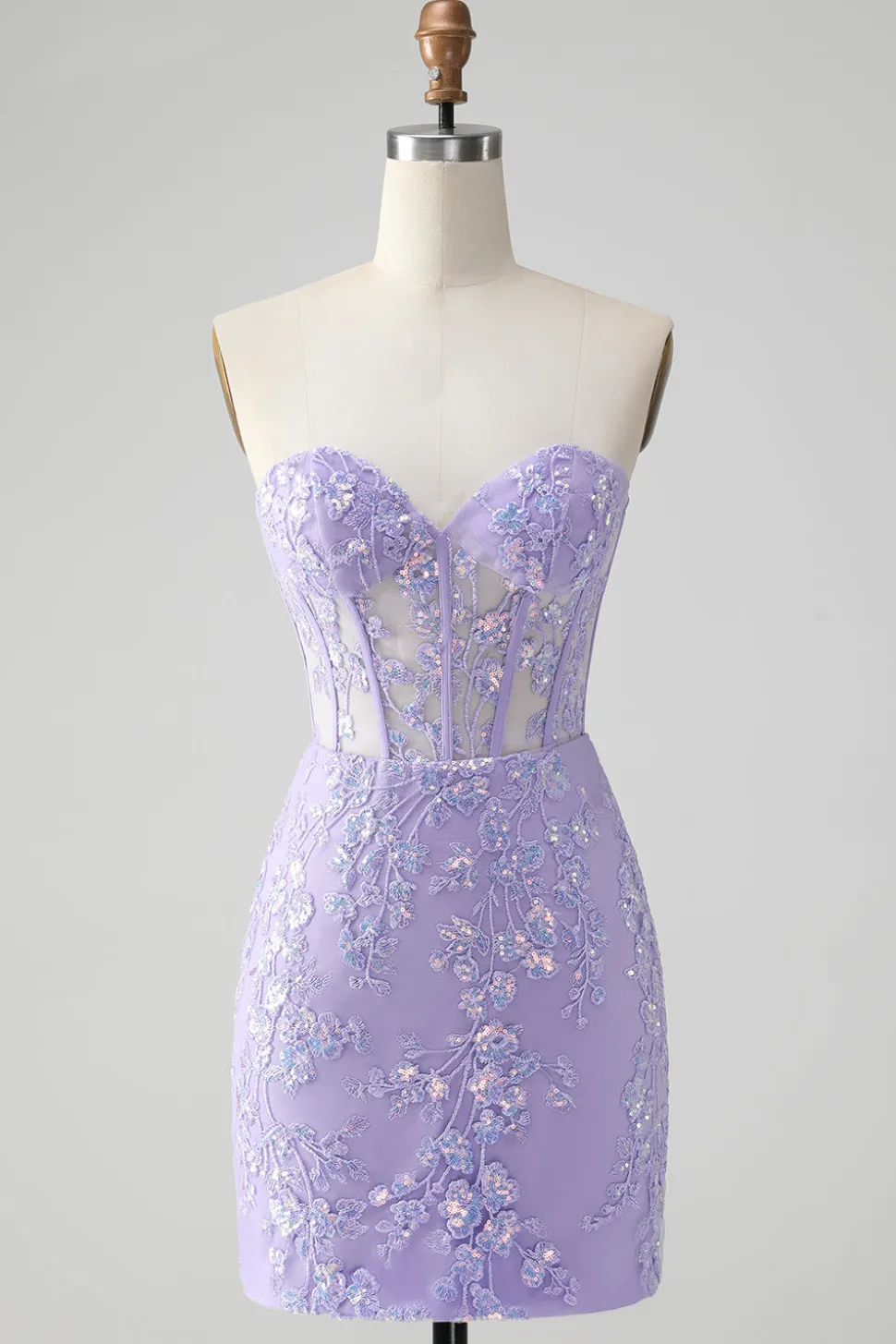 Espartilho Lilás Sequins Querida Bordado Curto Vestido Homecoming com Renda Costas