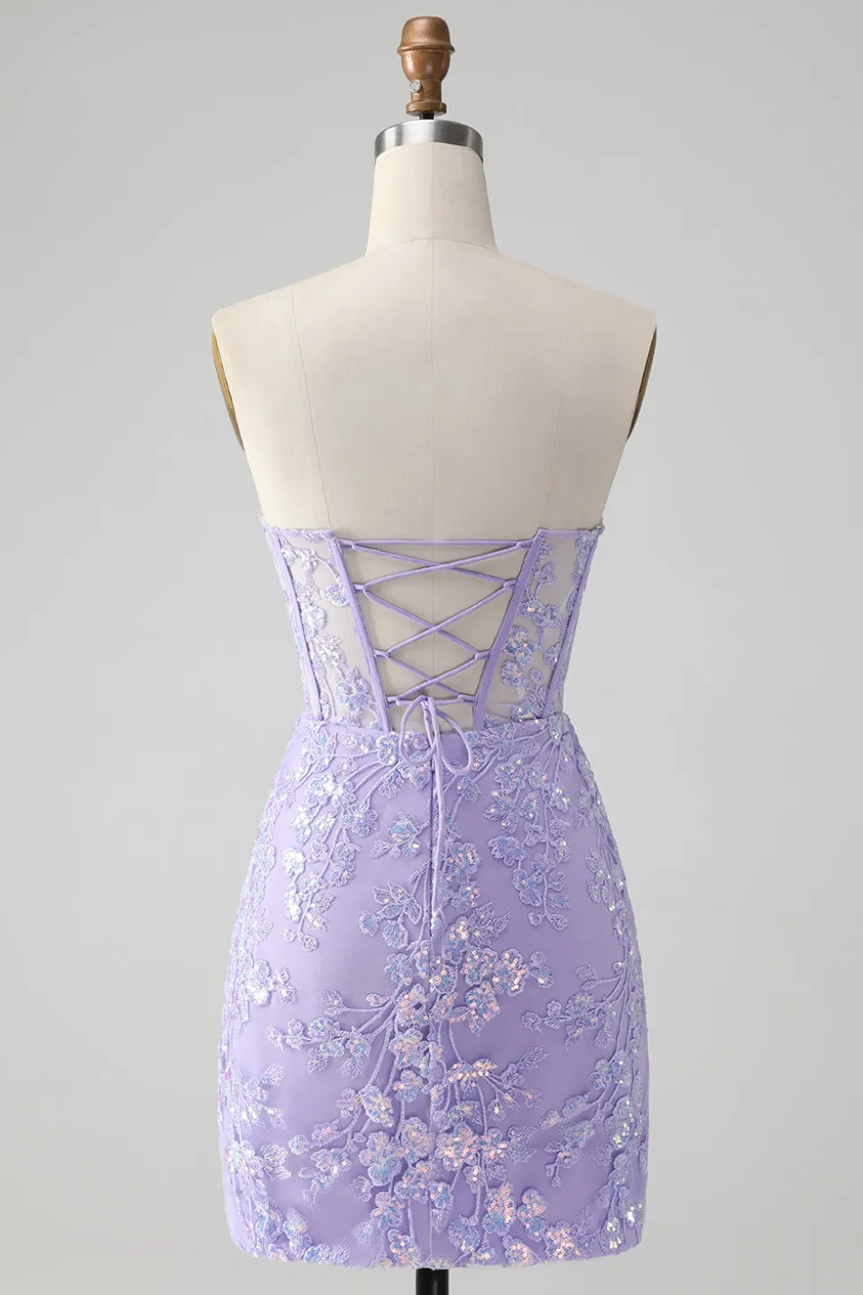 Espartilho Lilás Sequins Querida Bordado Curto Vestido Homecoming com Renda Costas