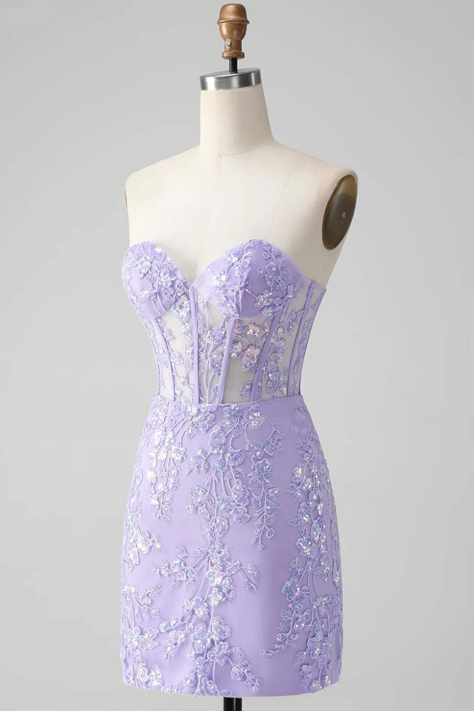 Espartilho Lilás Sequins Querida Bordado Curto Vestido Homecoming com Renda Costas