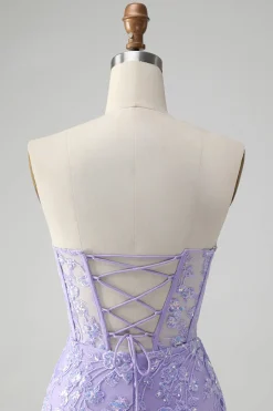 Espartilho Lilás Sequins Querida Bordado Curto Vestido Homecoming com Renda Costas