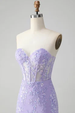 Espartilho Lilás Sequins Querida Bordado Curto Vestido Homecoming com Renda Costas