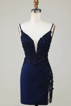 Espartilho marinho brilhante apertado curto Homecoming vestido com renda