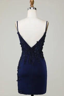 Espartilho marinho brilhante apertado curto Homecoming vestido com renda