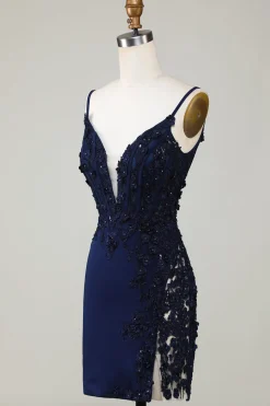 Espartilho marinho brilhante apertado curto Homecoming vestido com renda