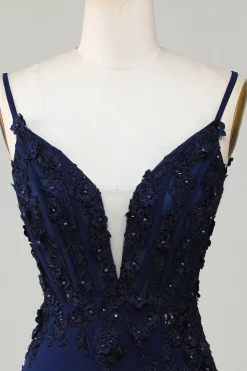 Espartilho marinho brilhante apertado curto Homecoming vestido com renda