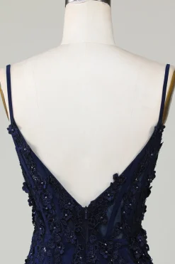 Espartilho marinho brilhante apertado curto Homecoming vestido com renda