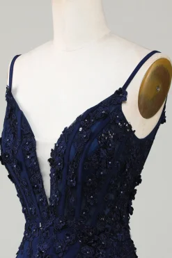 Espartilho marinho brilhante apertado curto Homecoming vestido com renda