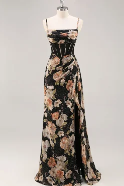 Espartilho Preto Flores Brilhante Longos Vestido Para Casamento Convidada