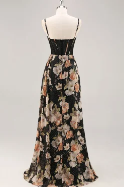 Espartilho Preto Flores Brilhante Longos Vestido Para Casamento Convidada