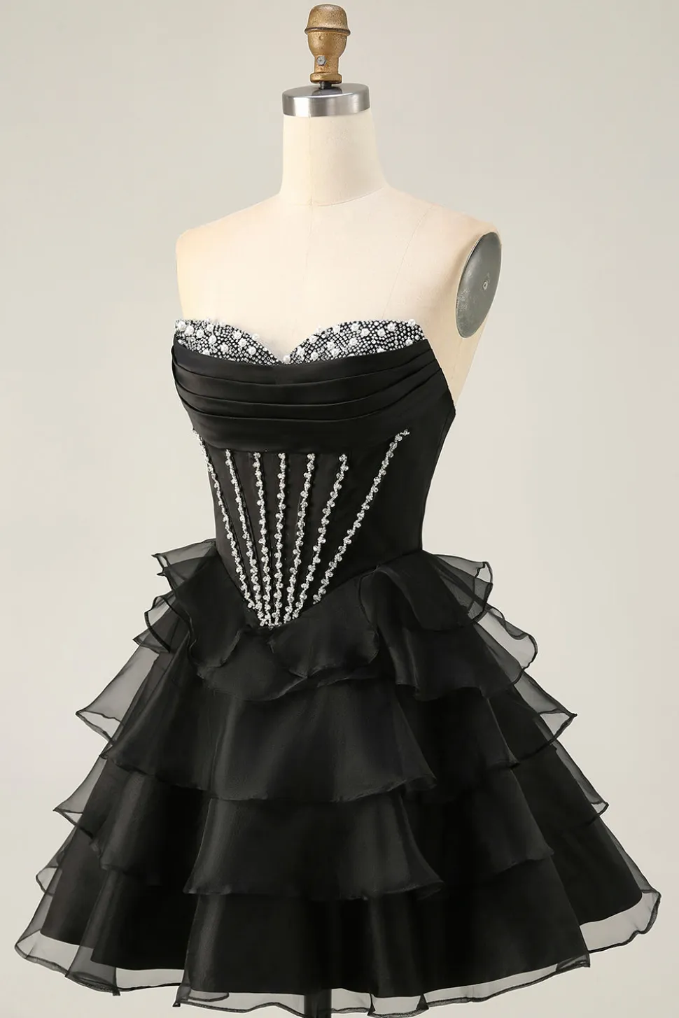 Espartilho preto sem alças em camadas uma linha curto Homecoming Dress com frisos