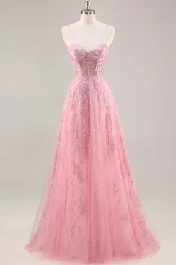 Espartilho rosa brilhante uma linha longo vestido de baile