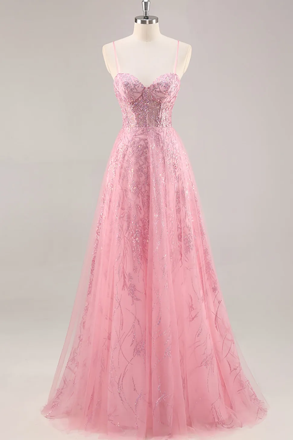 Espartilho rosa brilhante uma linha longo vestido de baile