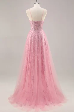 Espartilho rosa brilhante uma linha longo vestido de baile