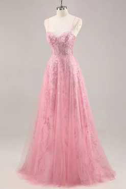 Espartilho rosa brilhante uma linha longo vestido de baile