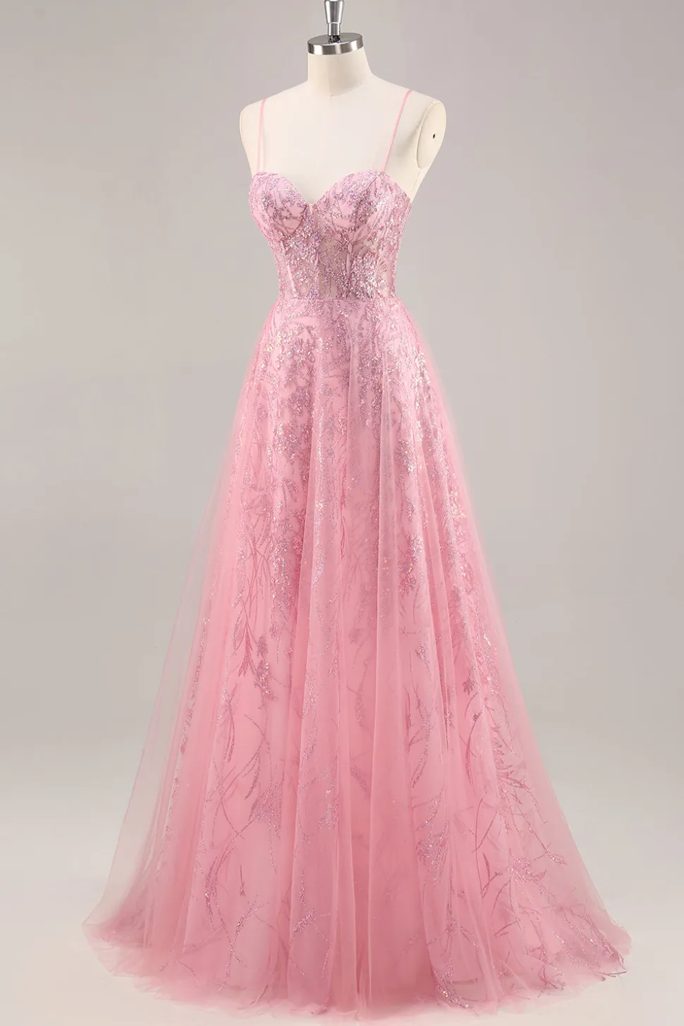 Espartilho rosa brilhante uma linha longo vestido de baile