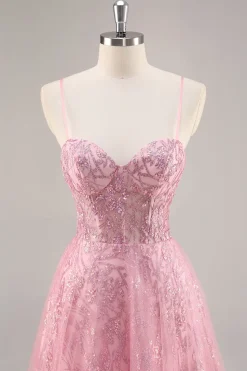 Espartilho rosa brilhante uma linha longo vestido de baile