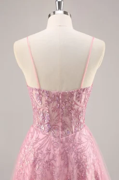 Espartilho rosa brilhante uma linha longo vestido de baile