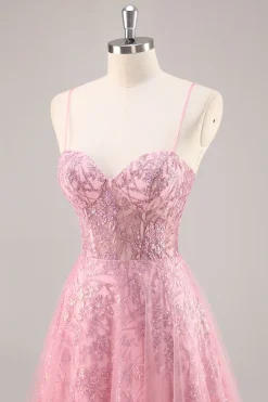 Espartilho rosa brilhante uma linha longo vestido de baile