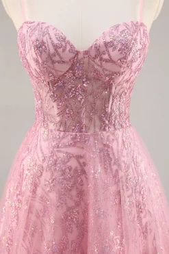 Espartilho rosa brilhante uma linha longo vestido de baile