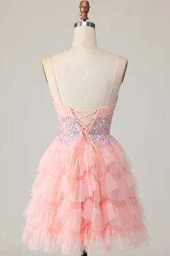 Espartilho Rosa Decote Em Coração Linha-A Mini Vestido Cocktail