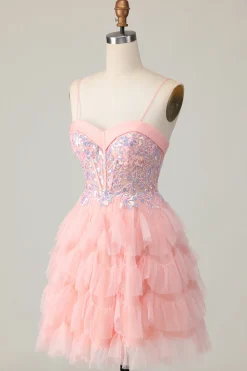 Espartilho Rosa Decote Em Coração Linha-A Mini Vestido Cocktail