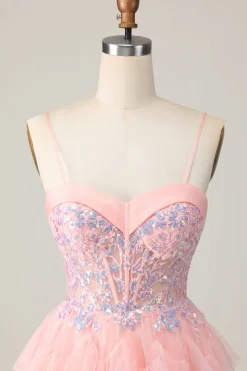 Espartilho Rosa Decote Em Coração Linha-A Mini Vestido Cocktail