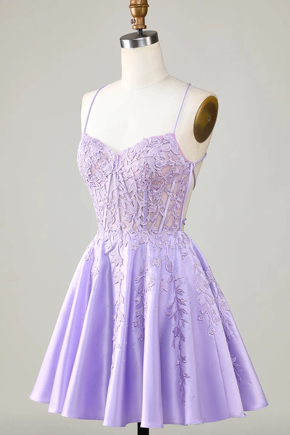 Espartilho roxo A-Line cetim curto homecoming vestido com renda