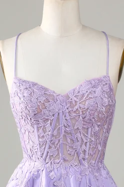 Espartilho roxo A-Line cetim curto homecoming vestido com renda