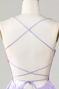 Espartilho roxo A-Line cetim curto homecoming vestido com renda
