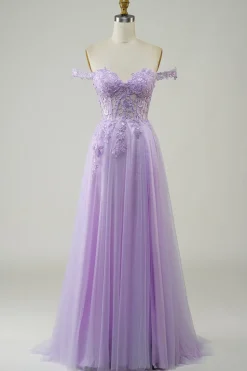 Espartilho roxo A-Line Long Tulle Prom Dress com renda