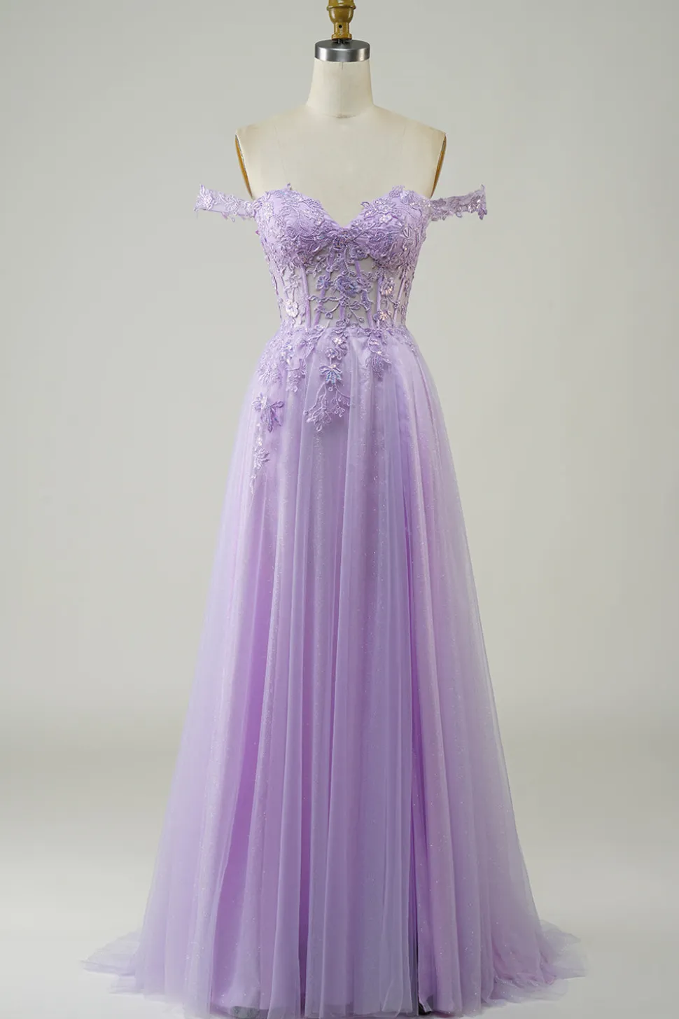 Espartilho roxo A-Line Long Tulle Prom Dress com renda