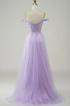 Espartilho roxo A-Line Long Tulle Prom Dress com renda