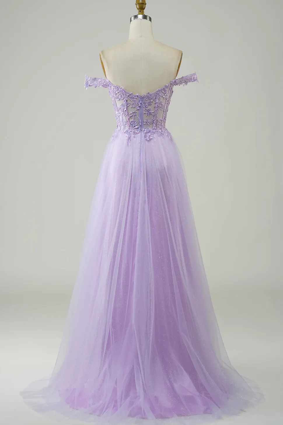 Espartilho roxo A-Line Long Tulle Prom Dress com renda