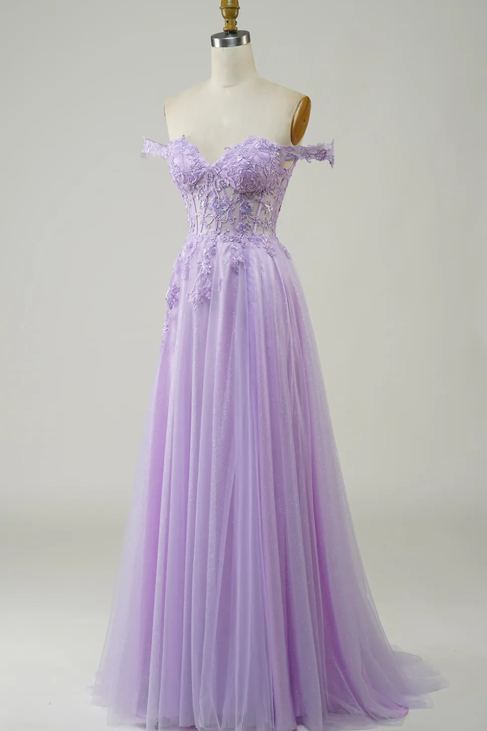 Espartilho roxo A-Line Long Tulle Prom Dress com renda