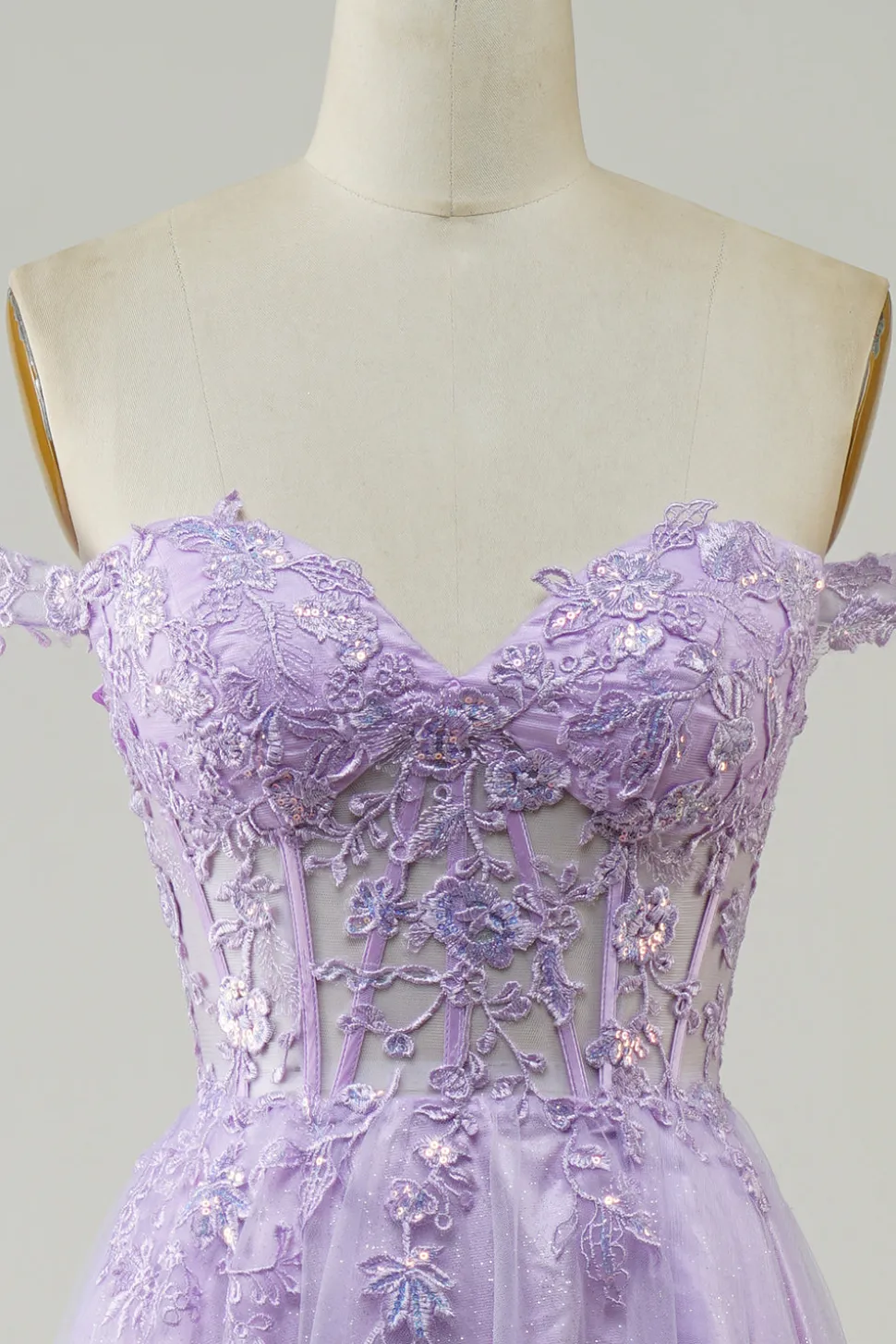 Espartilho roxo A-Line Long Tulle Prom Dress com renda