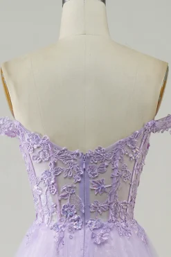 Espartilho roxo A-Line Long Tulle Prom Dress com renda
