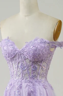 Espartilho roxo A-Line Long Tulle Prom Dress com renda