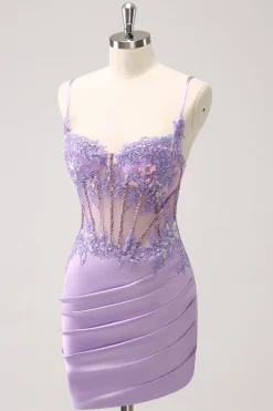 Espartilho roxo brilhante lantejoulas apertado curto Homecoming Dress