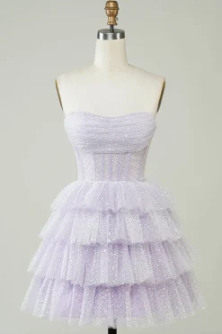 Espartilho roxo brilhante Tiered bonito Homecoing vestido