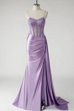 Espartilho roxo brilhante cetim lado cabo longo vestido de baile com fenda