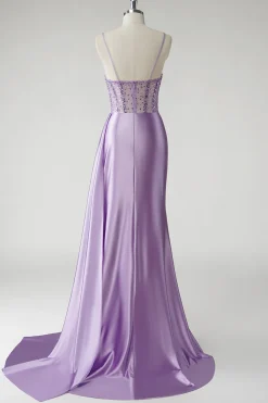 Espartilho roxo brilhante cetim lado cabo longo vestido de baile com fenda